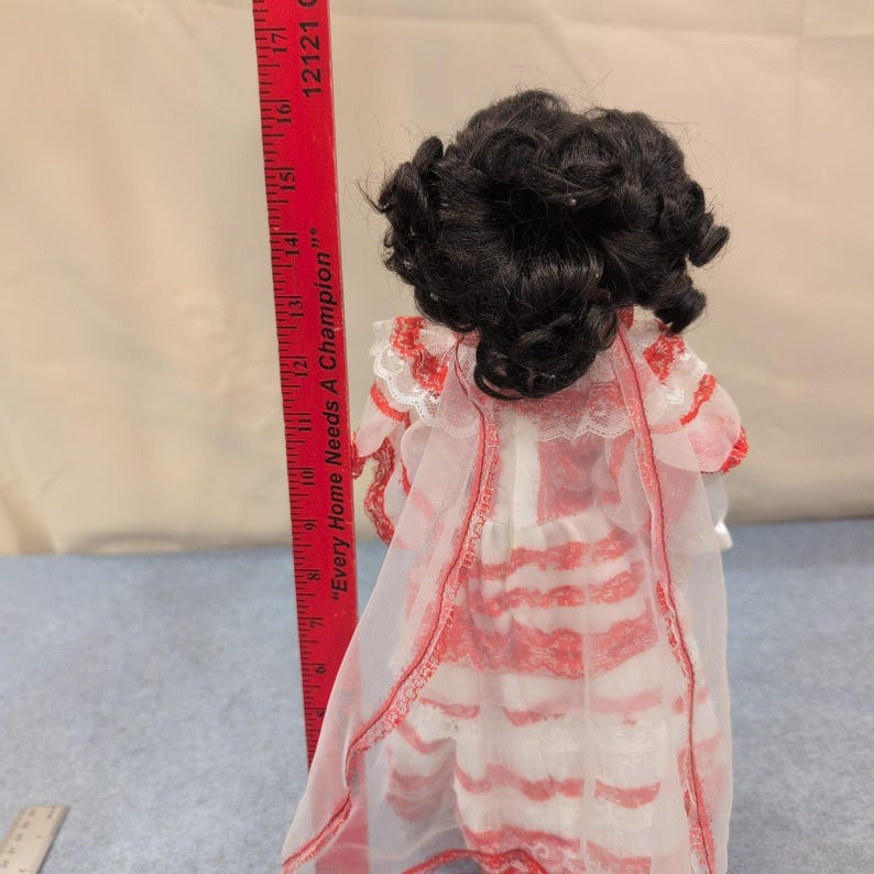 Ashley Belle Porcelain Mexican Doll With Stand Red White Lace Dress Hoop Earring image 5