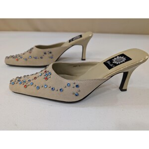 Yellow Box Jody Embellished Rhinestone Square Toe Beige Heel Mules Size 7.5 image 2