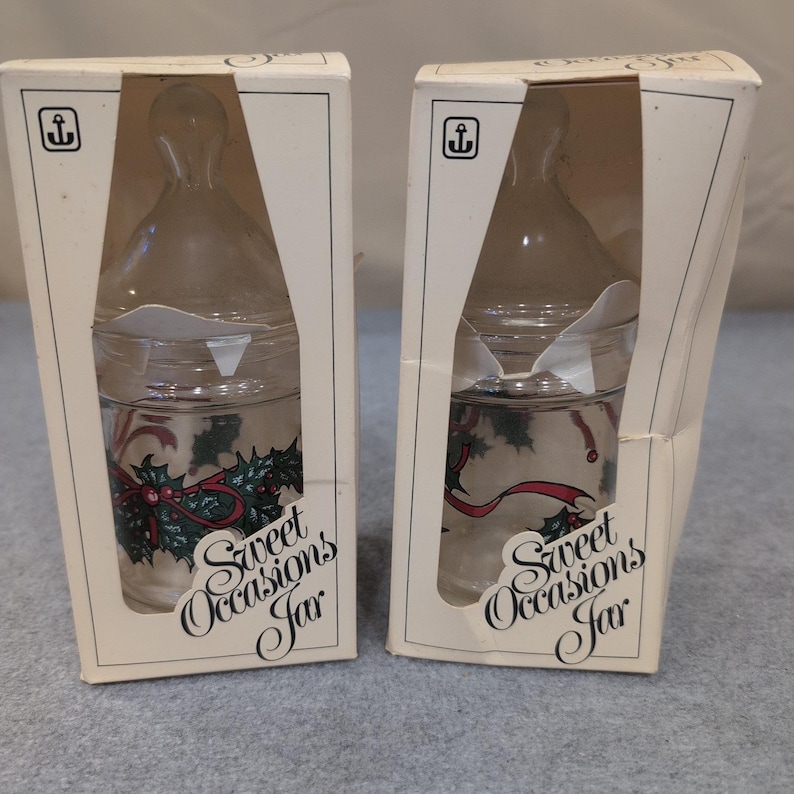 Vintage Anchor Hocking Sweet Anlässes Glas 2er-Set Christmas Holly Ribbon Glass Bild 1