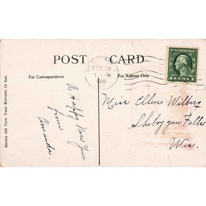 Vintage Neujahrspostkarte von 1919 im RPPC-Stil mit Kätzchen, Glocken und dem Siegel des Roten Kreuzes, Sheboygan, Wisconsin Bild 2