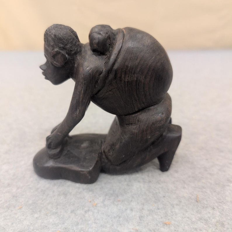 Vintage Hand Carved Dark Wood African Figure Kneeling Woman Grinding with Baby image 1