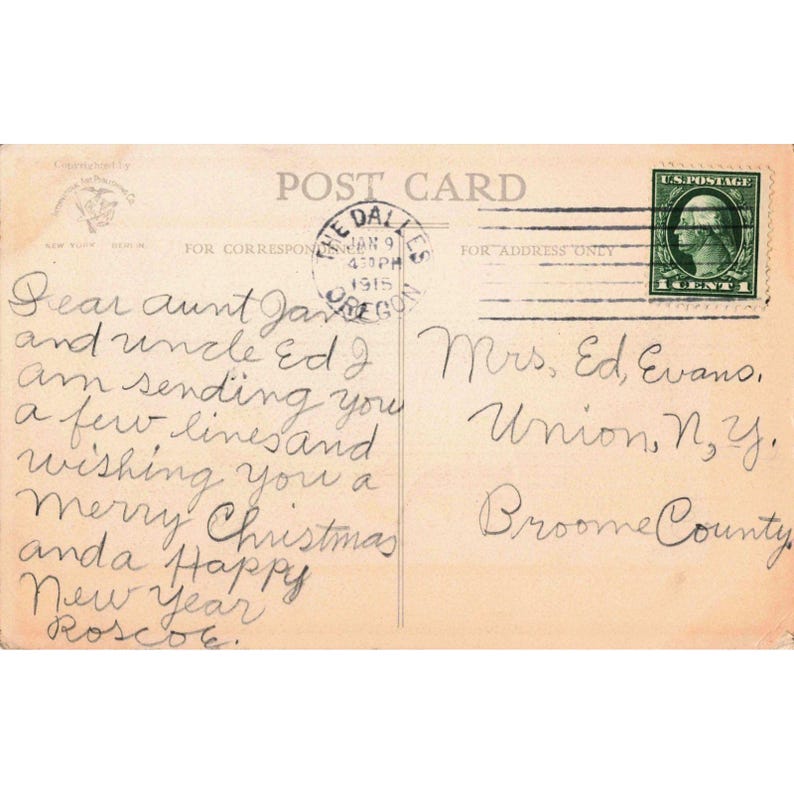 Cartão-postal vintage de 1915 com votos de Ano Novo da International Art Publishing Co., Oregon (em bom estado). imagem 2
