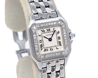 CARTIER Panthere Damenuhr mit kleinem Diamant und silbernem Zifferblatt, Artikelnummer W4PN0007