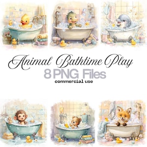 Op de afbeelding: Waterverfillustraties van dieren die in bad gaan. Een eend, dinosaurus, dolfijn, aap, beer en vos worden getoond in vintage badkuipen gevuld met bubbels. De tekst "Animal Bathtime Play" en "8 PNG Files" zijn ook zichtbaar.