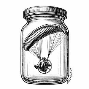 May include: A black and white illustration of a person in a parachute inside a glass jar. The parachute is open and the person is flying. The jar has a lid and is made of glass. The illustration is in a vintage style.