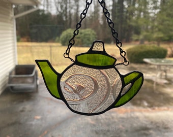 Stained glass teapot ornament - green and clear, kitchen decor, teacher gift, home decoration, Mothers Day