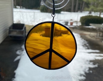 Stained glass peace sign ornament - amber wispy, in stock, peace symbol