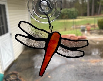 Stained Glass Dragonfly Ornament - finished red orange suncatcher, small piece, remembrance symbol