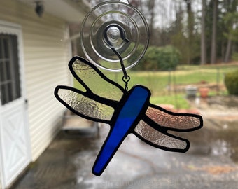 Stained Glass Dragonfly Ornament - finished blue suncatcher, small piece, remembrance symbol