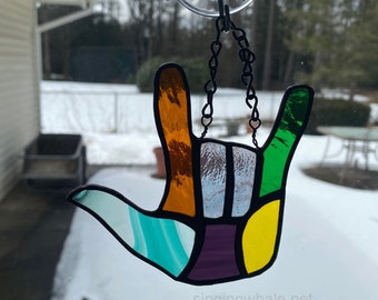 Stained glass ASL hand - small - I love you gift, unique valentine, patchwork, mixed colors, sign of affection