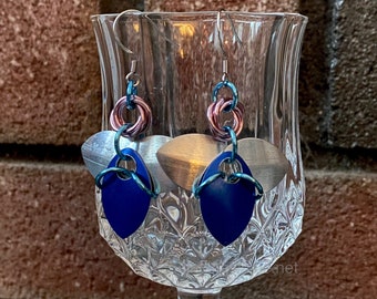Angel earrings - blue, pink and silver, chainmail scalemail