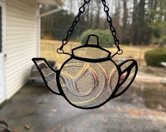 Stained glass teapot ornament - clear textures, housewarming gift, kitchen decor, unique decoration