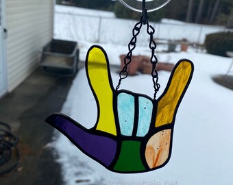 Stained glass ASL hand - small - I love you gift, unique valentine, patchwork, mixed colors, sign of affection