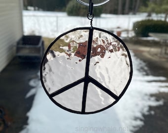 Stained glass peace sign ornament - pale pink rippled, in stock, peace symbol