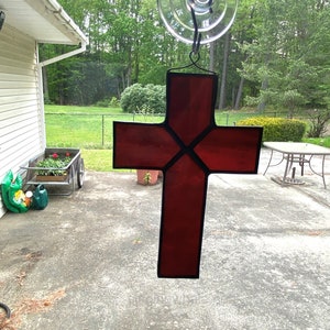 Stained glass cross - deep red, brown wispy