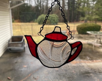 Stained glass teapot ornament - red and clear, kitchen decor, housewarming gift