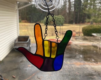 Stained glass ASL hand - small - I love you gift, unique valentine, patchwork, mixed colors, sign of affection, rainbow