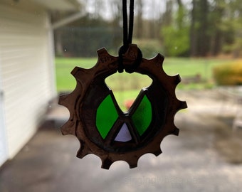 Bicycle ornament - stained glass / mixed media - bike glass, upcycled bike parts, sprocket