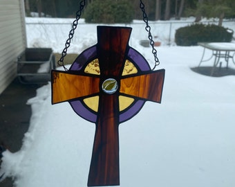 Stained glass cross suncatcher - Christian symbol, fancy cross, religious decor, brown, purple and yellow, celtic cross