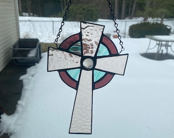 Stained glass cross suncatcher - Christian symbol, fancy cross, religious decor, pink and teal, celtic cross