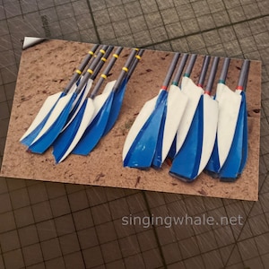 Puede incluir: Un grupo de remos de remo azules y blancos con detalles amarillos se colocan sobre una superficie arenosa. Los remos están dispuestos en dos grupos, con las puntas de los remos apuntando hacia el centro de la imagen.