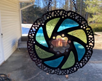 Bicycle themed stained glass / mixed media - bike glass, upcycled bike parts, repurposed materials, brake rotor