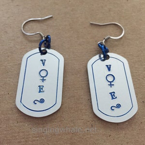 VOTE metal stamped earrings - democracy, get out the vote, democratic jewelry, gotv