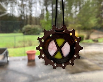 Bicycle ornament - stained glass / mixed media - bike glass, upcycled bike parts, sprocket