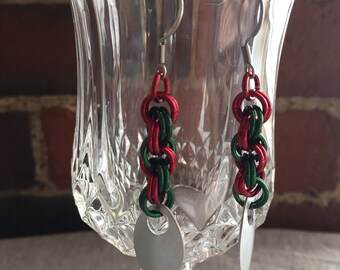 Boucles d’oreilles en maille en spirale rouge, vert, argent - Noël, vacances