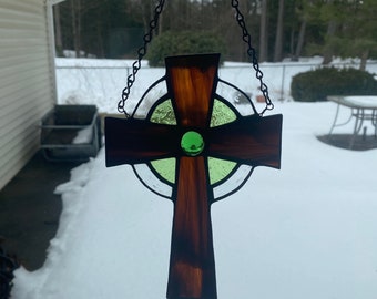 Stained glass cross suncatcher - Christian symbol, fancy cross, religious decor, brown and green, Celtic cross