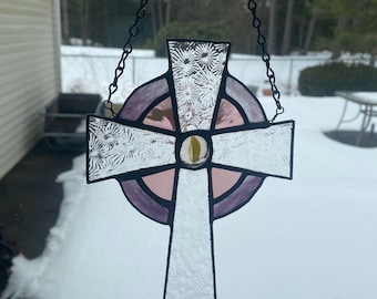 Stained glass cross suncatcher - Christian symbol, fancy cross, religious decor, clear and purple, celtic cross