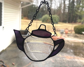 Stained glass teapot ornament - purple and clear, kitchen decor, housewarming gift, unique decoration