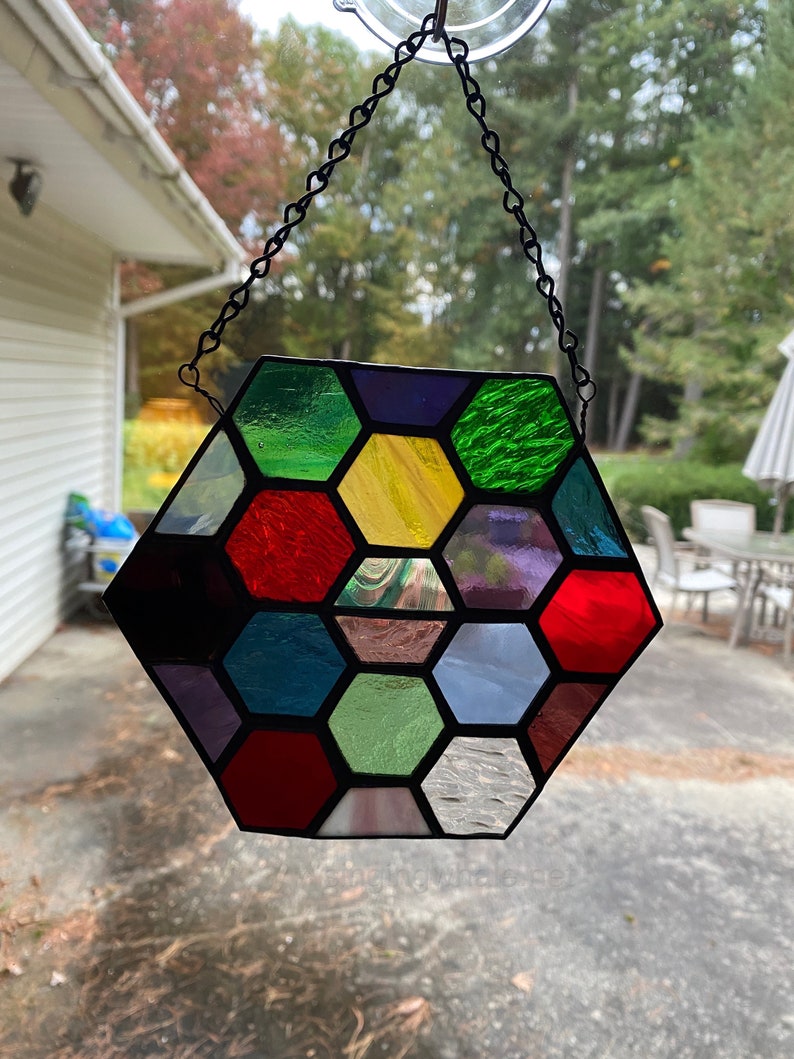Stained Glass Hexagon Suncatcher - Patchwork, Various Colors ...