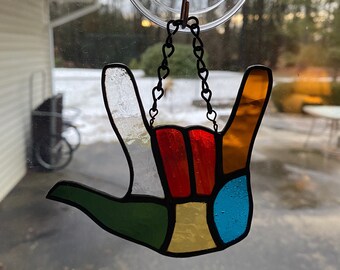 Stained glass ASL hand - small - I love you gift, unique valentine, patchwork, mixed colors