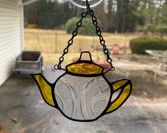 Stained glass teapot ornament - yellow and clear, kitchen decor, housewarming gift