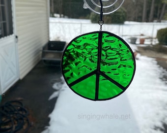 Stained glass peace sign ornament - green rippled, in stock, peace symbol