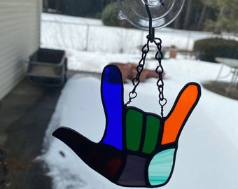 Stained glass ASL hand - small - I love you gift, unique valentine, patchwork, mixed colors, sign of affection