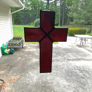Stained glass cross - deep red, brown wispy