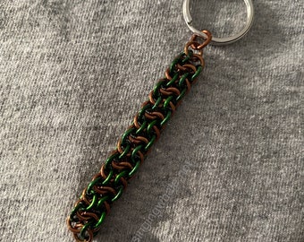 Handmade fidget and stress chainmail toy - green and brown, distraction tool, stress relief, key chain, finger gadget, zipper pull