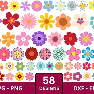 May include: A collection of 58 colorful flower designs in various shapes and colors, including pink, red, yellow, and blue. The image includes the text "SVG - PNG" and "DXF - EPS" and "58 DESIGNS" on a maroon background.