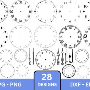 Puede incluir: Una colección de 28 diseños de esferas de reloj en blanco y negro, que incluyen números romanos, números arábigos y estilos minimalistas. La imagen incluye manecillas de reloj y el texto "SVG - PNG" y "DXF - EPS".