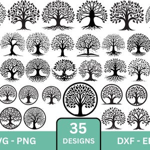 May include: A collection of 35 black tree designs in various styles, including circular and detailed tree illustrations. The image includes the text "SVG - PNG" and "DXF - EPS" along with the number "35 DESIGNS" in a green box.