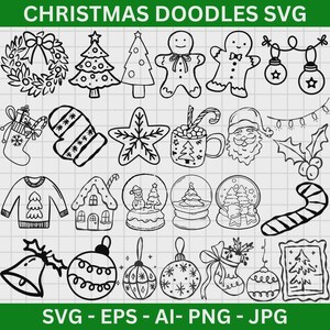 May include: Black and white Christmas-themed doodle illustrations. Includes a wreath, Christmas trees, gingerbread people, ornaments, a stocking, a mitten, a star, a mug, Santa, holly, a sweater, a house, snow globes, a candy cane, a bell, and a framed tree. Text: CHRISTMAS DOODLES SVG.