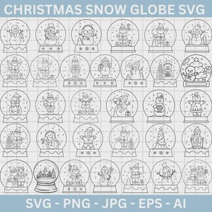 May include: Black and white line art illustrations of Christmas snow globes. Each globe features a different holiday scene, including snowmen, Santa Claus, and Christmas trees. The text "CHRISTMAS SNOW GLOBE SVG" is at the top, with file type options at the bottom.