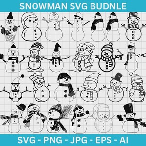 May include: A collection of black and white snowman illustrations in various styles, wearing hats, scarves, and other winter accessories. The text "SNOWMAN SVG BUDNLE" is at the top, and "SVG - PNG - JPG - EPS - AI" is at the bottom.