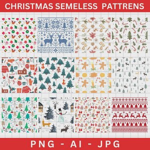 May include: A grid of Christmas-themed seamless patterns. Designs include reindeer, snowflakes, Christmas trees, gingerbread men, and ornaments in red, green, blue, and white. The text "CHRISTMAS SEMELESS PATTRENS" is at the top, and "PNG - AI - JPG" is at the bottom.