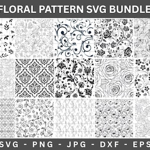 Può includere: Una collezione di motivi floreali in bianco e nero. L'immagine mostra vari disegni floreali, tra cui rose, volute e damasco, disposti in una griglia. Il testo in alto recita "FLORAL PATTERN SVG BUNDLE". Il testo in basso indica i formati di file: SVG, PNG, JPG, DXF, EPS.