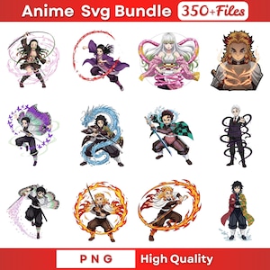 May include: A collection of colorful anime-style SVG files. The images feature various characters in action poses, with dynamic effects like fire, water, and swirling energy. The text at the top says "Anime Svg Bundle 350+ Files". The bottom text says "PNG High Quality".