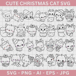 May include: A collection of cute Christmas cat SVG designs in black and white. The cats are wearing festive hats, scarves, and holding ornaments. The image includes the text "CUTE CHRISTMAS CAT SVG" and file type information: SVG, PNG, AI, EPS, JPG.