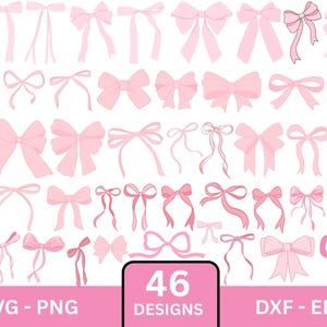 May include: A collection of 46 pink bow designs in various styles. The bows are in different shapes and sizes, with some featuring long, flowing ribbons. The image includes the text "SVG - PNG" and "DXF - EPS".